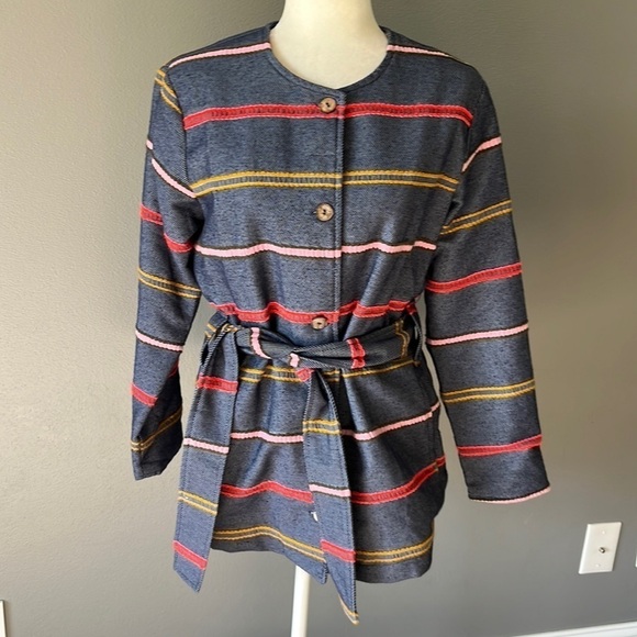 Anthropologie Dolan Picadilly Stripe Coat Textured Blue Belted - Picture 1 of 11